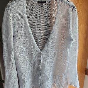 Eileen Fisher Pale Blue Mohair Wool Open-Knit V-Neck Cardigan